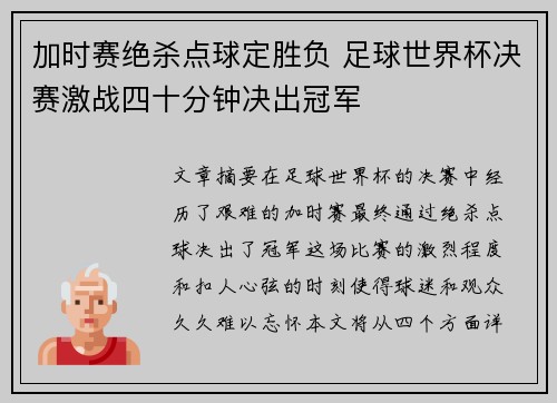 加时赛绝杀点球定胜负 足球世界杯决赛激战四十分钟决出冠军
