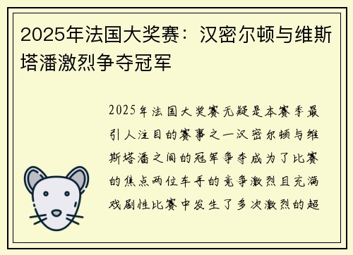 2025年法国大奖赛：汉密尔顿与维斯塔潘激烈争夺冠军
